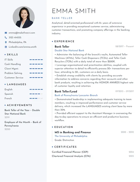 Minimalist CV template preview - Lots of white space and a light sidebar
