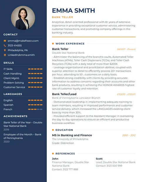 Modern CV template preview - Navy sidebar with orange highlights