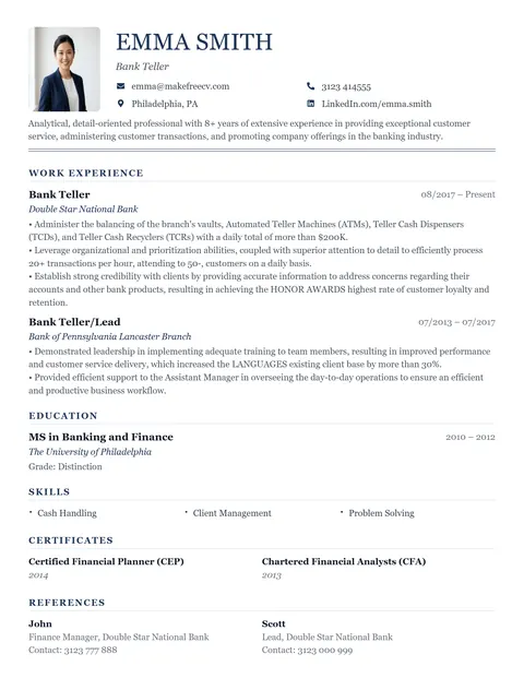 Traditional CV template preview - Serif fonts and a formal single-column format
